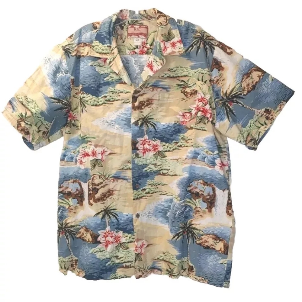 RJC Hawaiian Shirt Men 2X USA Vintage Vacation Tropical Beach Palm Trees Button
